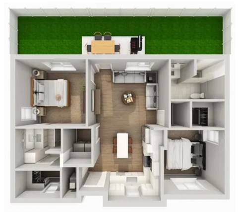 Floor plan for 2 beds, 2 baths, 1049 sqft