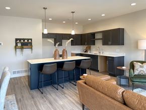 Sioux Center apartment for rent - A modern kitchen with a bar area and a brown couch.