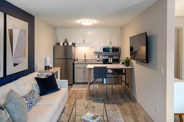 Huntsville apartment for rent - A modern living room with a white couch and a glass coffee table.