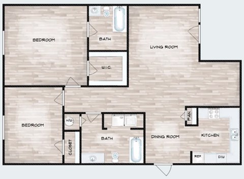 Floor plan for 2 beds, 2 baths, 900 sqft