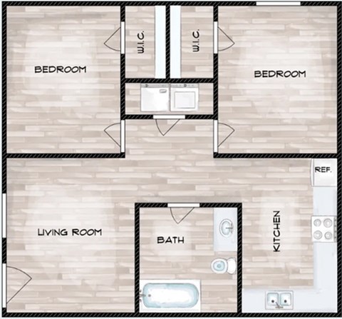 Floor plan for 2 beds, 1 bath, 600 sqft