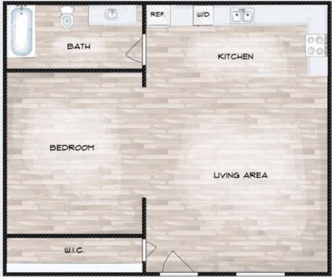 Floor plan for 1 bed, 1 bath, 400 sqft