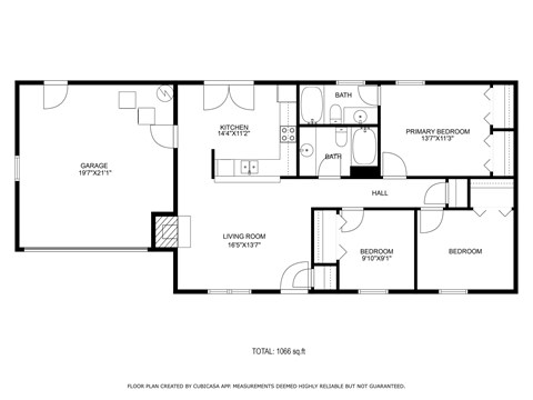Floor plan for 3 beds, 2 baths, 1150 sqft