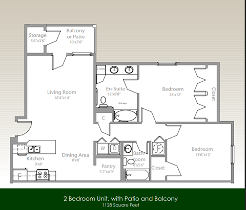 Floor plan for 2 beds, 2 baths, 1257 sqft