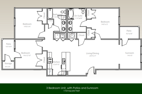 Floor plan for 3 beds, 2 baths, 1723 sqft