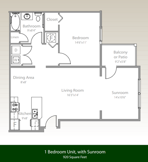 Floor plan for 1 bed, 1 bath, 920 sqft