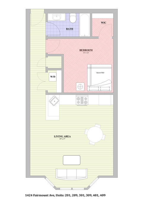 Floor plan for 1 bed, 1 bath, 800 sqft