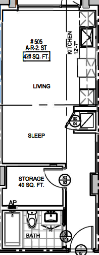 Floor plan for studio, 1 bath, 505 sqft