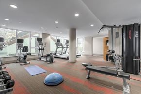 Vancouver apartment for rent - A gym with a variety of equipment including a treadmill, weights, and a bench press.