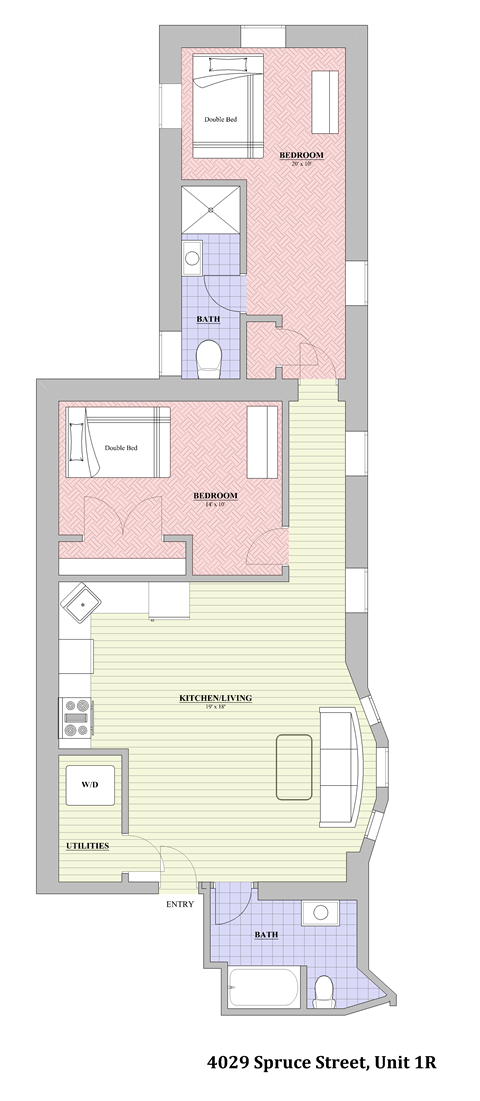 Floor plan for 2 beds, 2 baths, 800 sqft