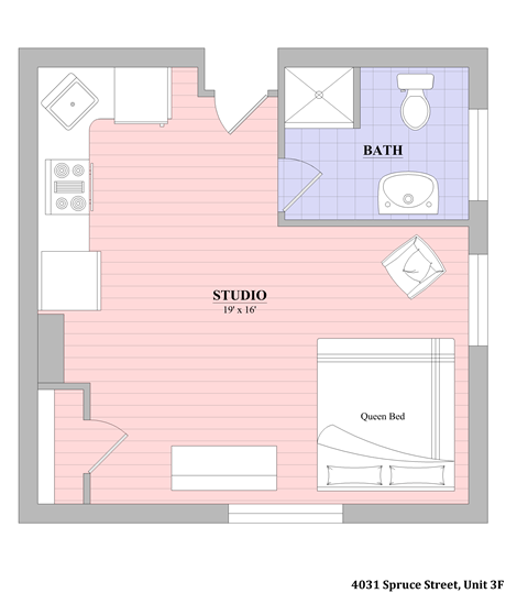Floor plan for studio, 1 bath, 390 sqft