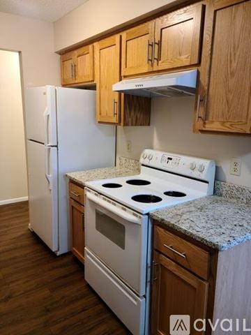 New Prague apartment for rent - A kitchen with a white stove top oven and a white refrigerator.