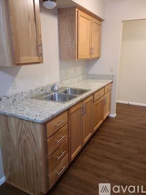 New Prague apartment for rent - A kitchen with wooden cabinets and a granite countertop.