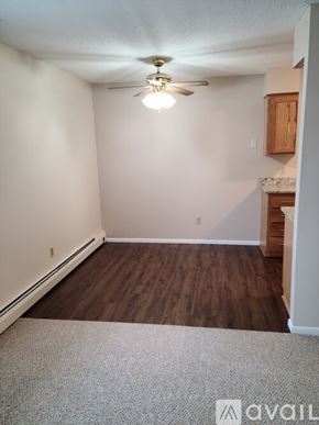 New Prague apartment for rent - A room with a ceiling fan and wooden flooring.