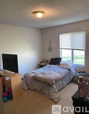 Mankato apartment for rent - A bedroom with a bed, a television, and a window with blinds.