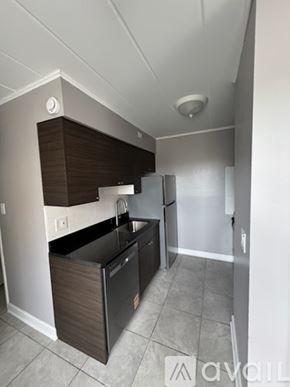 Schiller Park apartment for rent - A kitchen with a black fridge and a black dishwasher.