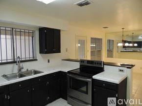 Houston house for rent - A kitchen with black cabinets and a white countertop.