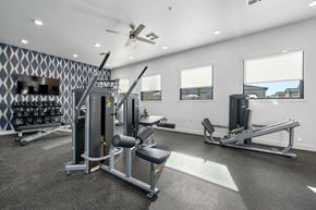 Phoenix apartment for rent - A spacious gym with a variety of equipment including a squat rack, leg press machine, and a bench press at Allero 59 Apartments, Phoenix, AZ, 85035