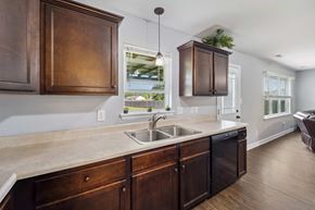 Jacksonville house for rent - A kitchen with dark wood cabinets and a white countertop.
