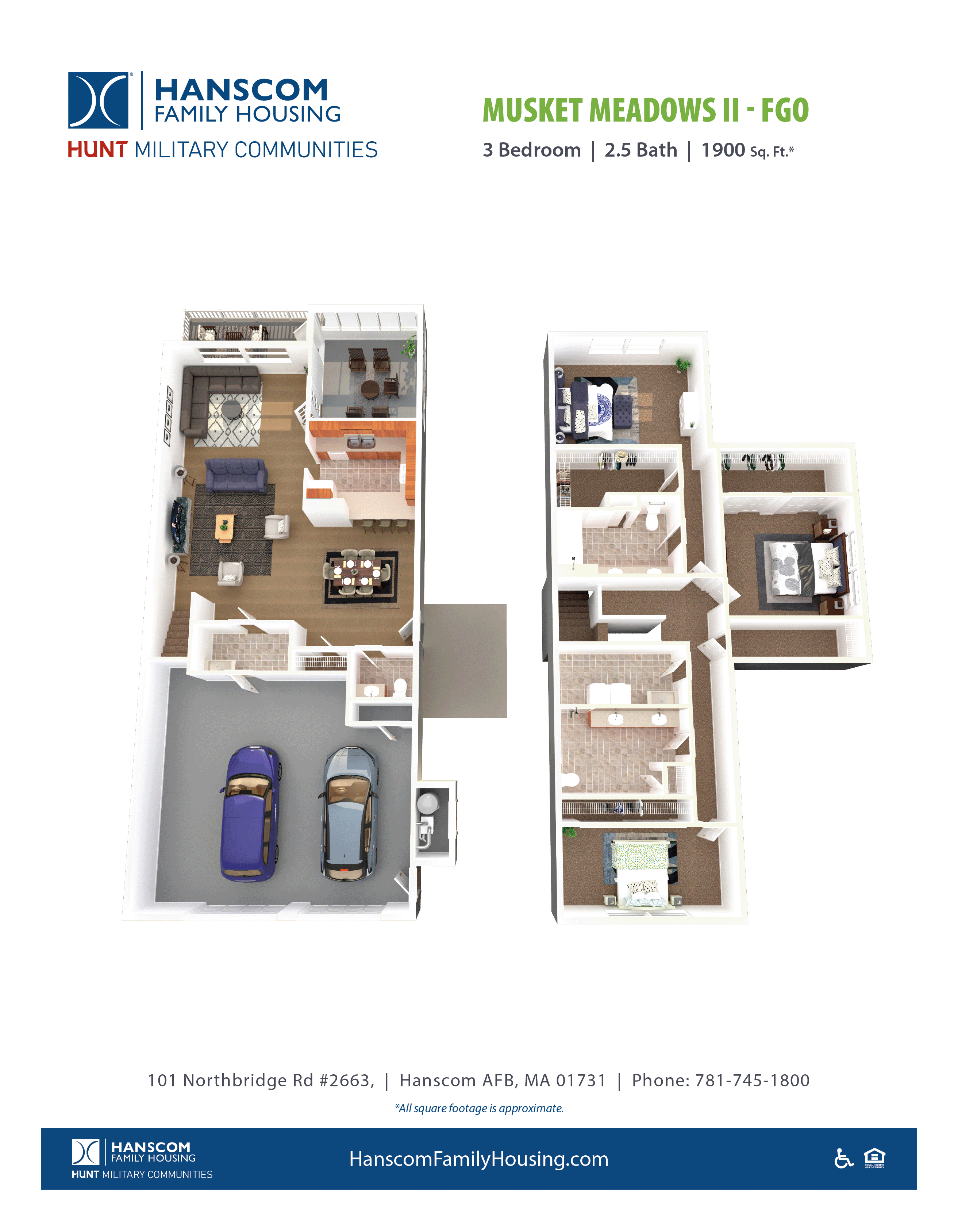 Floor plan for 3 beds, 2.5 baths, 1900 sqft