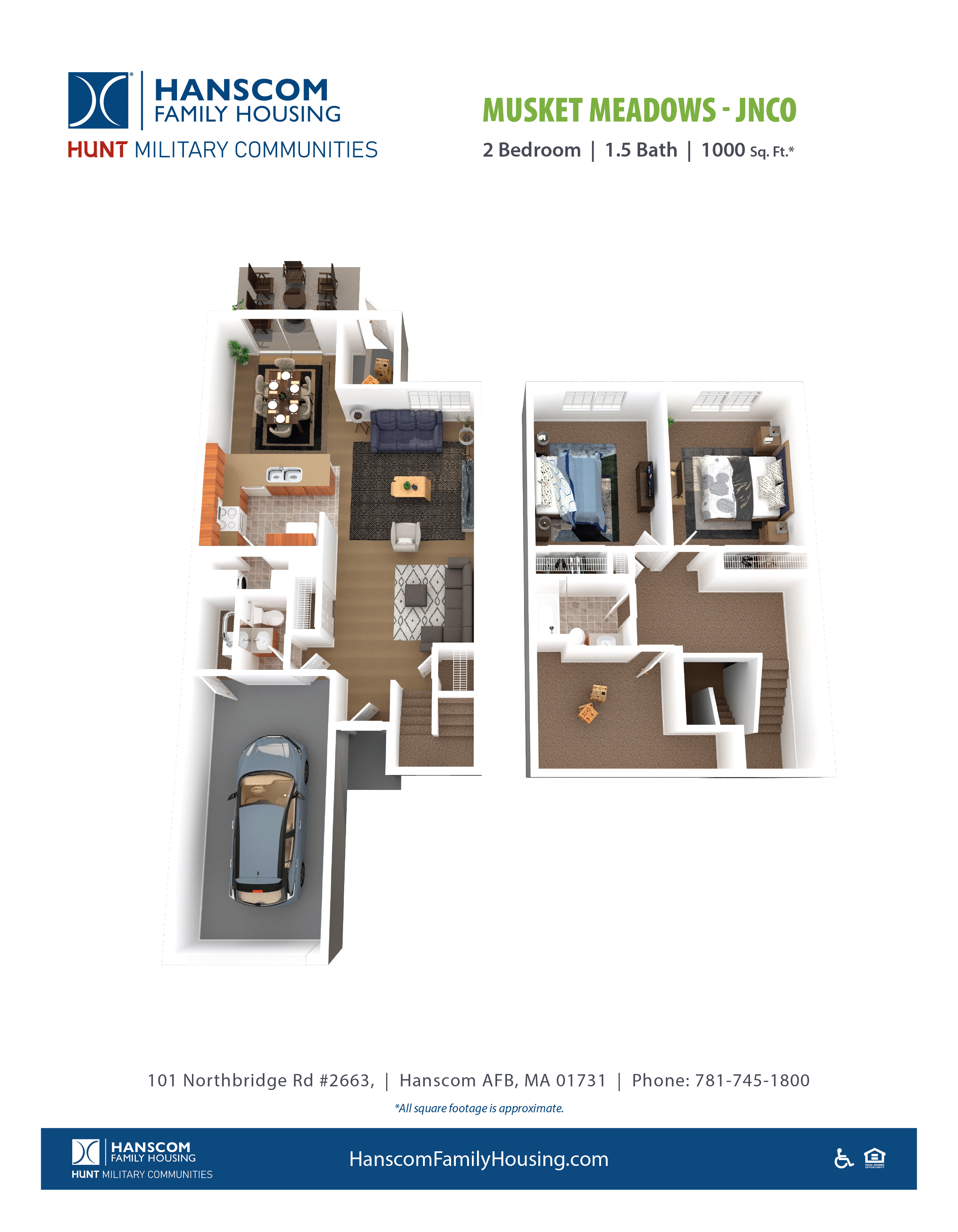Floor plan for 2 beds, 1.5 baths, 1000 sqft
