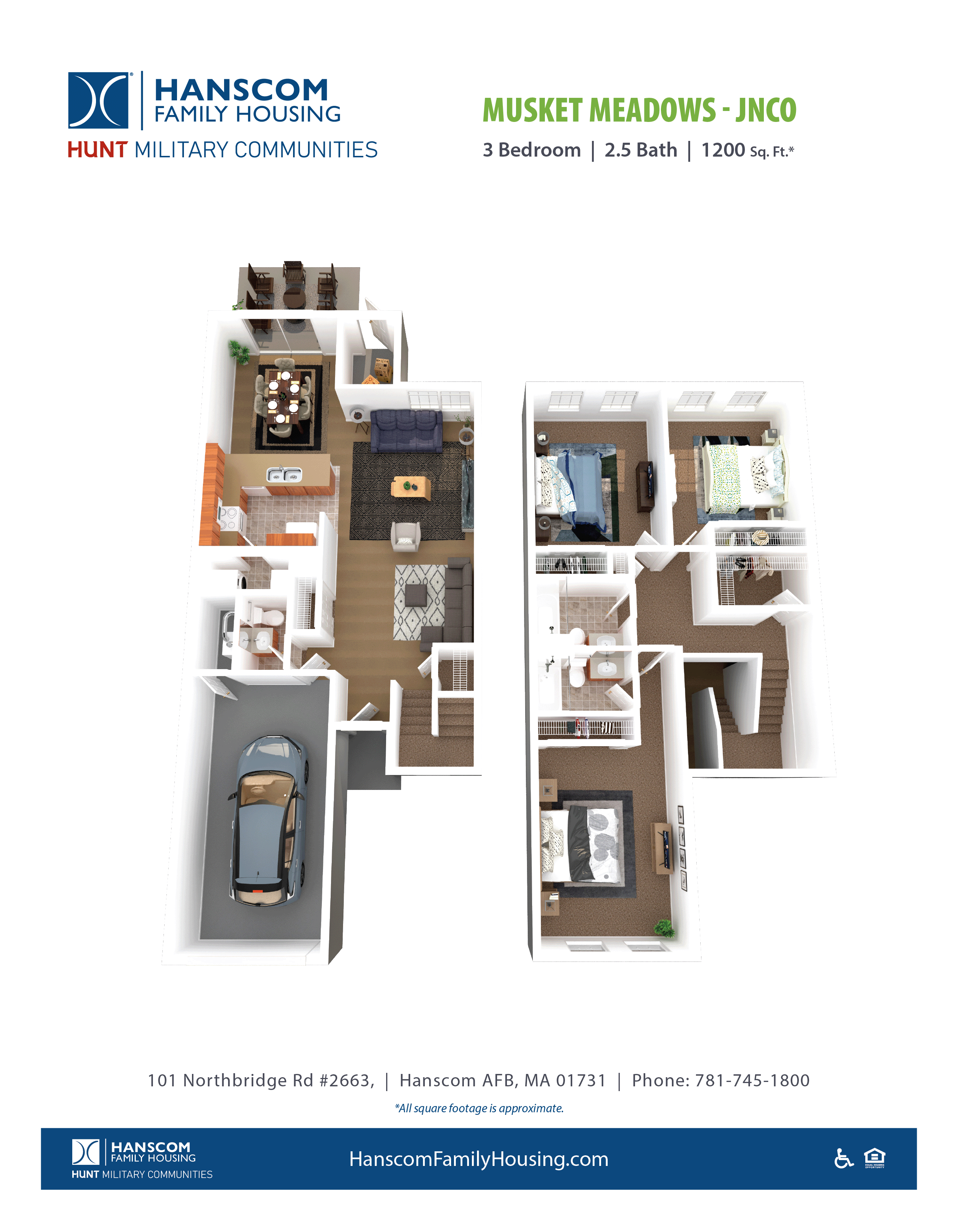Floor plan for 3 beds, 2.5 baths, 1200 sqft