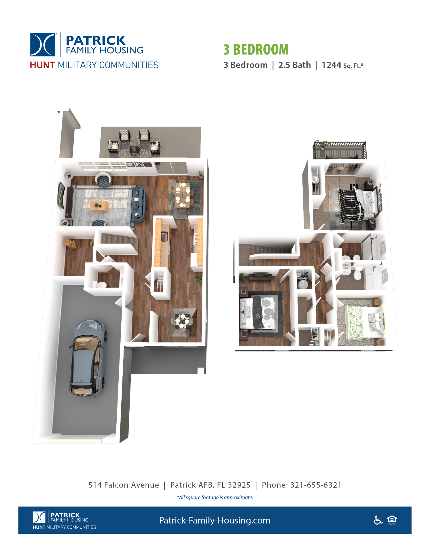 Floor plan for 3 beds, 2.5 baths, 1244 sqft