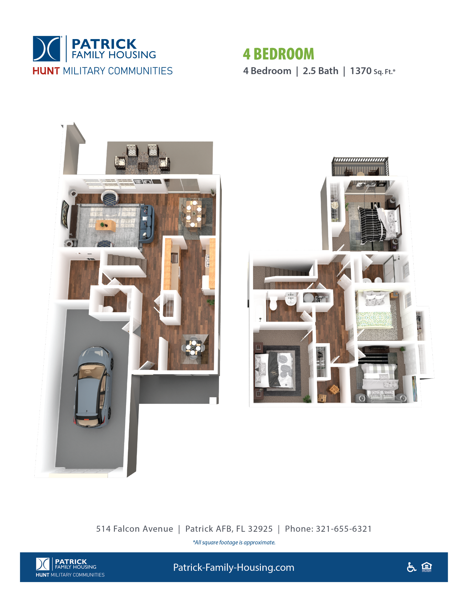 Floor plan for 4 beds, 2 baths, 1370 sqft
