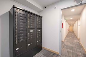 Seattle apartment for rent - A long hallway with a black panel on the wall with numbers and switches.