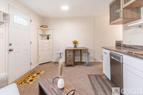 Hickory apartment for rent - A kitchen with white appliances and a wooden island.
