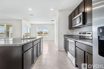 Wesley Chapel house for rent - A modern kitchen with dark wood cabinets and stainless steel appliances.