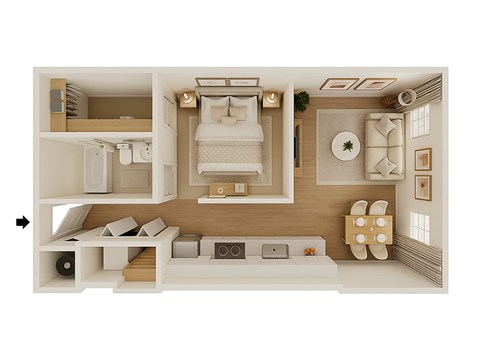 Floor plan for 1 bed, 1 bath, 670 sqft