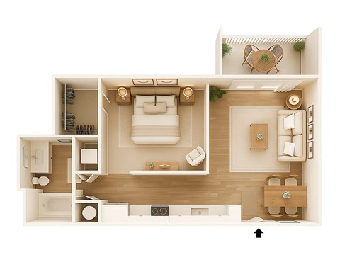 Floor plan for 1 bed, 1 bath, 713 sqft