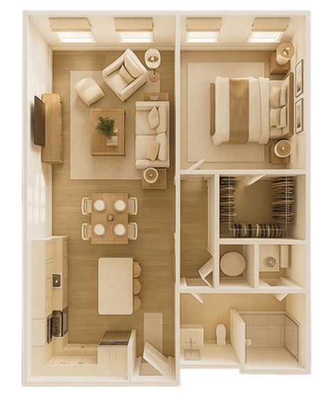 Floor plan for 1 bed, 1 bath, 788 sqft