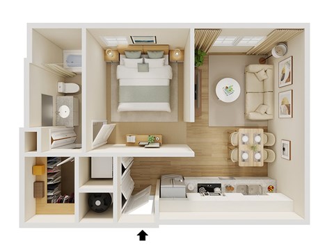 Floor plan for 1 bed, 1 bath, 572 sqft