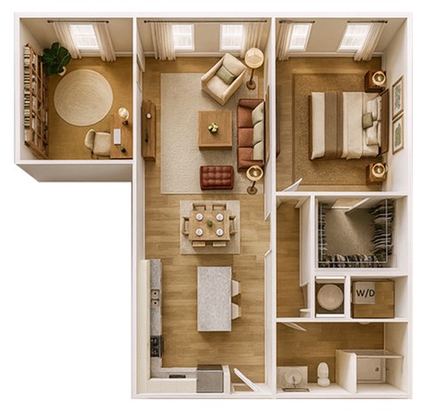 Floor plan for 1 bed, 1 bath, 892 sqft