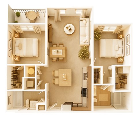 Floor plan for 2 beds, 2 baths, 1107 sqft