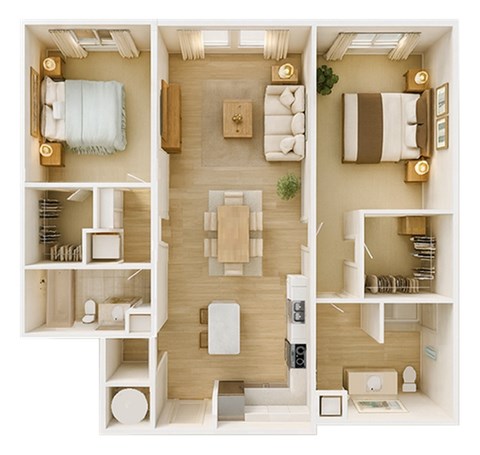 Floor plan for 2 beds, 2 baths, 1040 sqft