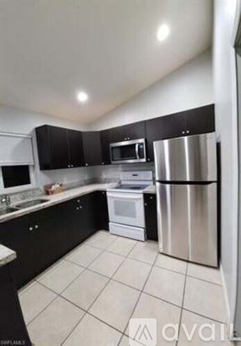Lehigh Acres house for rent - A kitchen with black cabinets and stainless steel appliances.