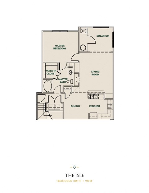 Floor plan for 1 bed, 1 bath, 965 sqft