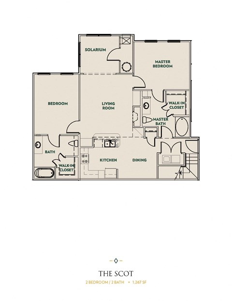 Floor plan for 2 beds, 2 baths, 1267 sqft