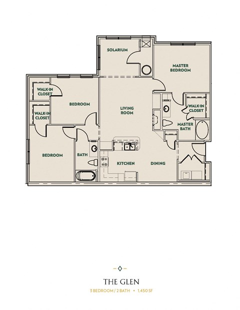 Floor plan for 3 beds, 2 baths, 1450 sqft