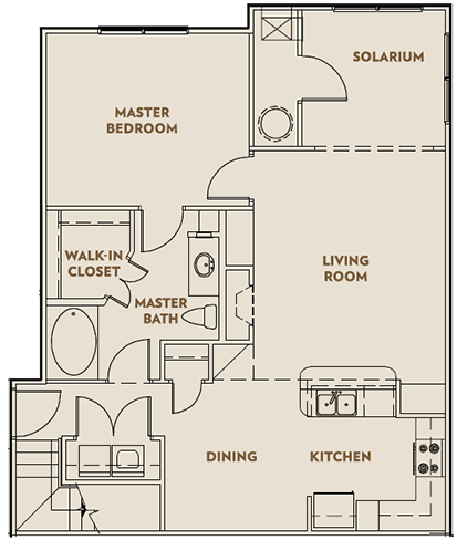 Floor plan for 1 bed, 1 bath, 965 sqft