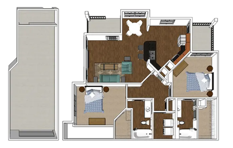 Floor plan for 2 beds, 2 baths, 1205 sqft