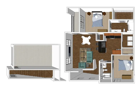 Floor plan for 2 beds, 2 baths, 1111 sqft