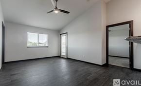 Rapid City apartment for rent - A spacious room with a ceiling fan and a large mirror on the wall.