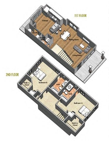 Floor plan for 2 beds, 2.5 baths, 561 sqft