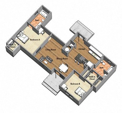 Floor plan for 2 beds, 2 baths, 561 sqft