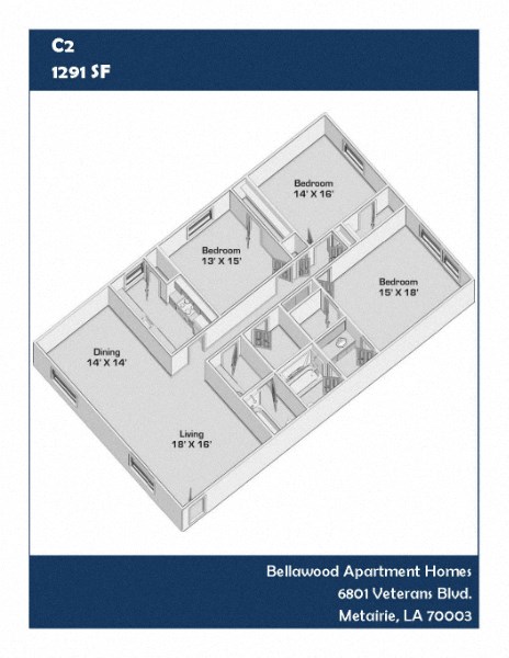 Floor plan for 3 beds, 2 baths, 1291 sqft