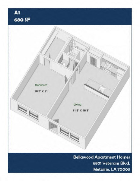 Floor plan for 1 bed, 1 bath, 680 sqft